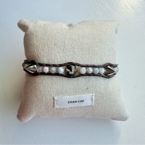 Chan Luu Silver Spike, Leather and Cream Beaded Bracelet